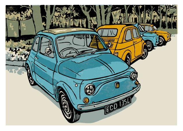 Fiat-500s Linocut illustration of Fiat 500s