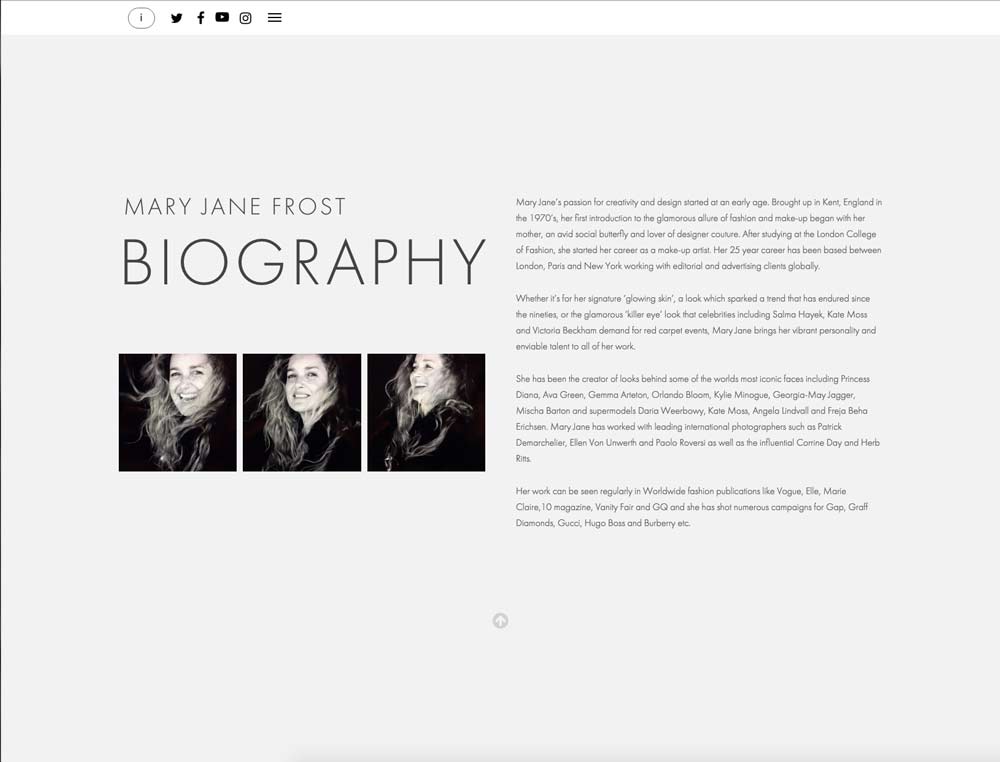 Wordpress website for Mary Jane Frost, International makeup artist