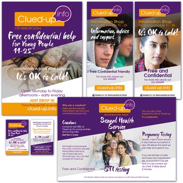 Clued-up Info, charity marketing material designs