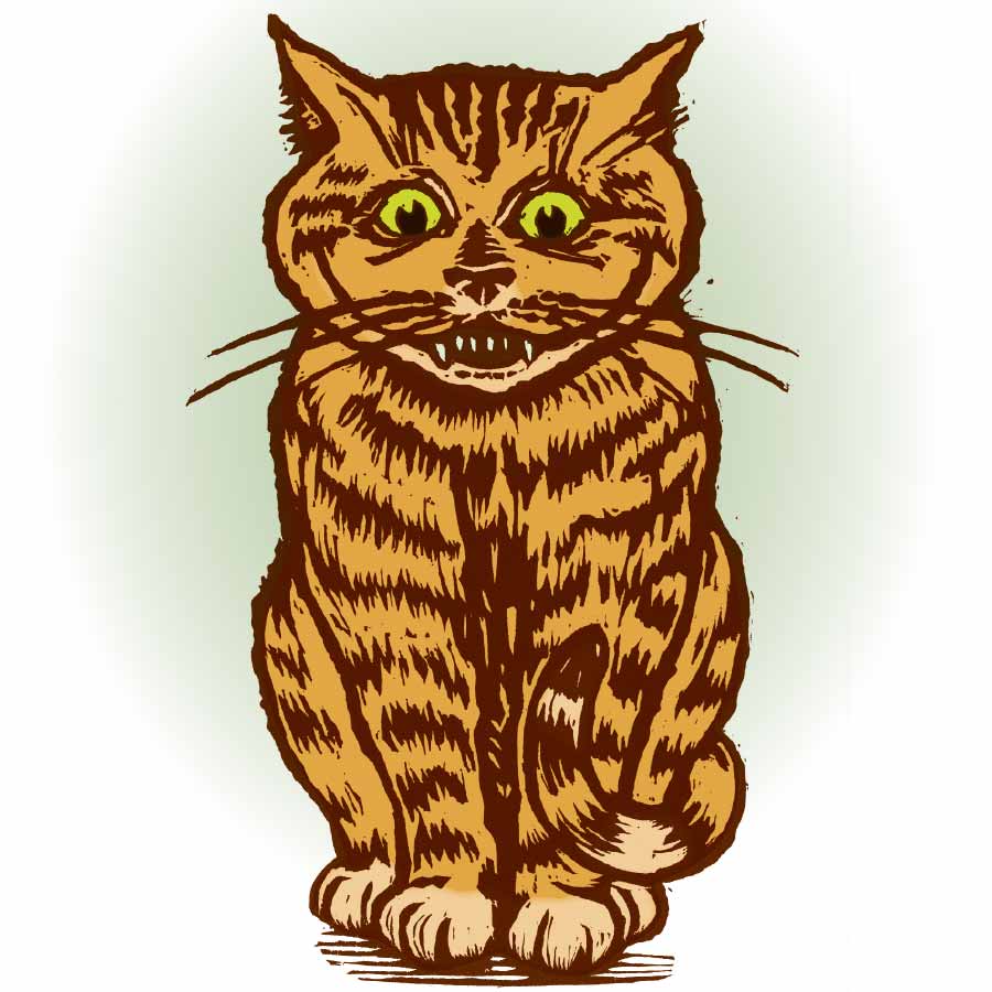 Relief print illustration of a grinning cat