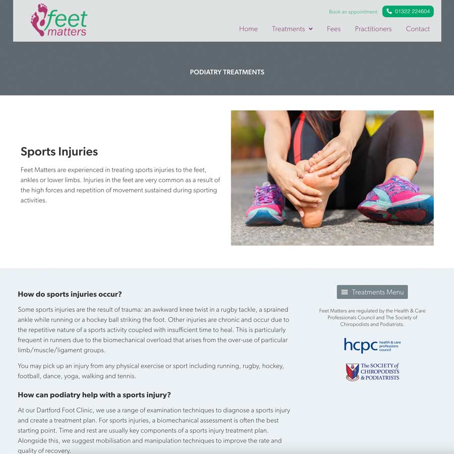 Feet Matters website, treatment details page