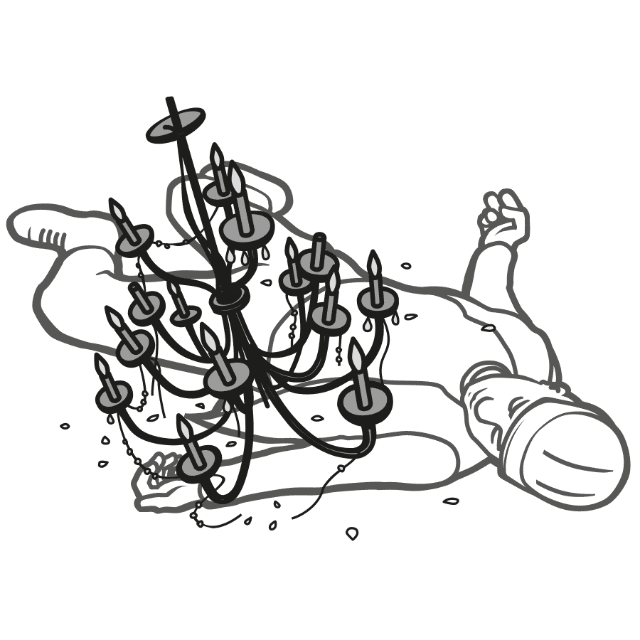 Health and Safety illustration showing a chandelier fallen on a person