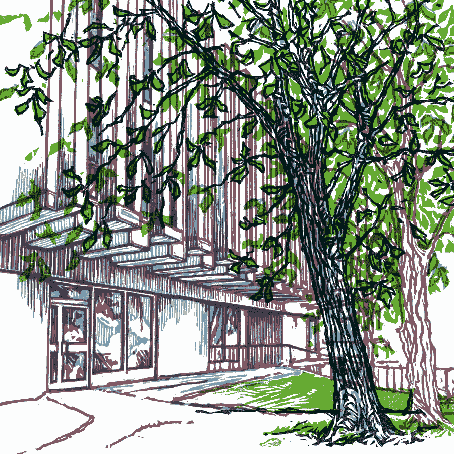 Linocut illustration of a building in Tunbridge Wells, detail