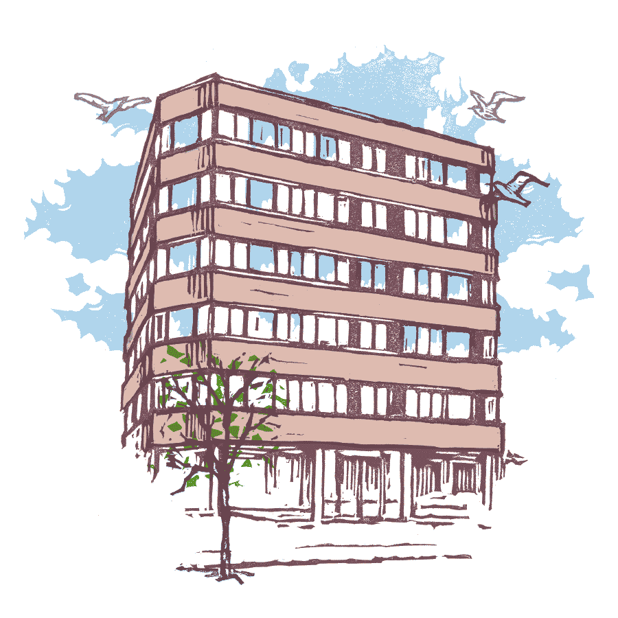 Linocut illustration of a building in Eastbourne