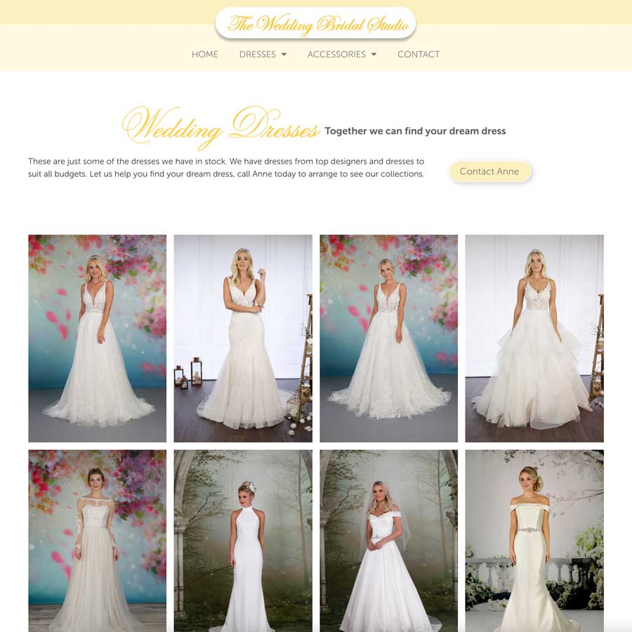 The Wedding Bridal Studio website, portfolio of dresses