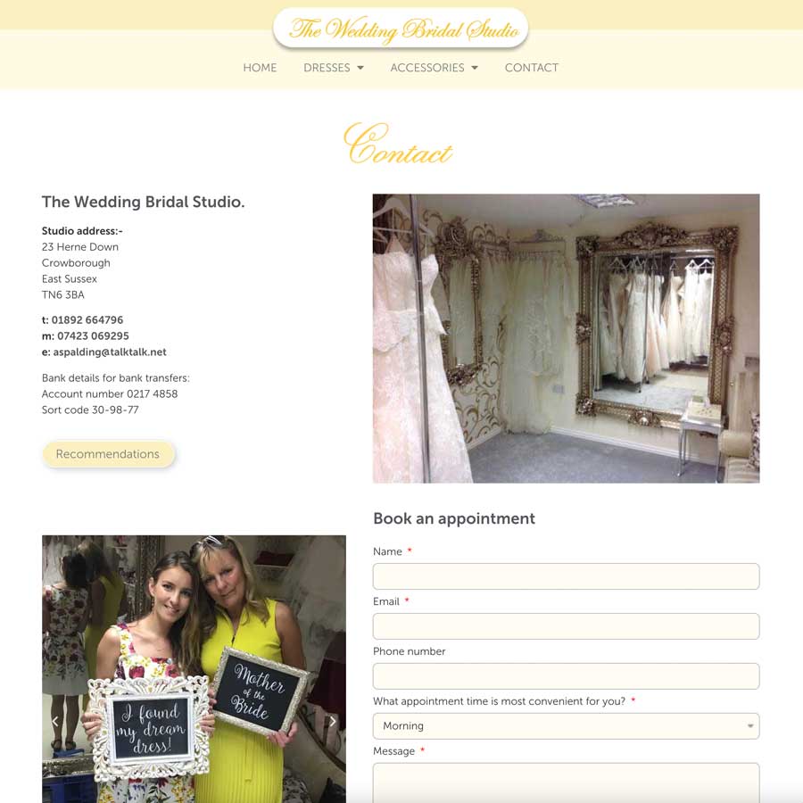 The Wedding Bridal Studio website, contact page